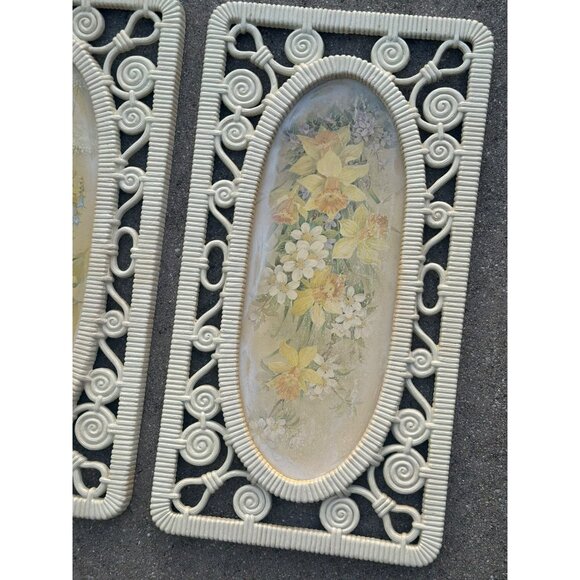 VTG 70s Syroco Daisy Floral Wall Plaques Set of 2 White Botanical Prints - Picture 2 of 5